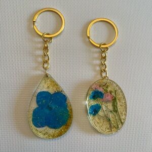 Handmade Floral Resin Keychains with Gold Accents Set of 2